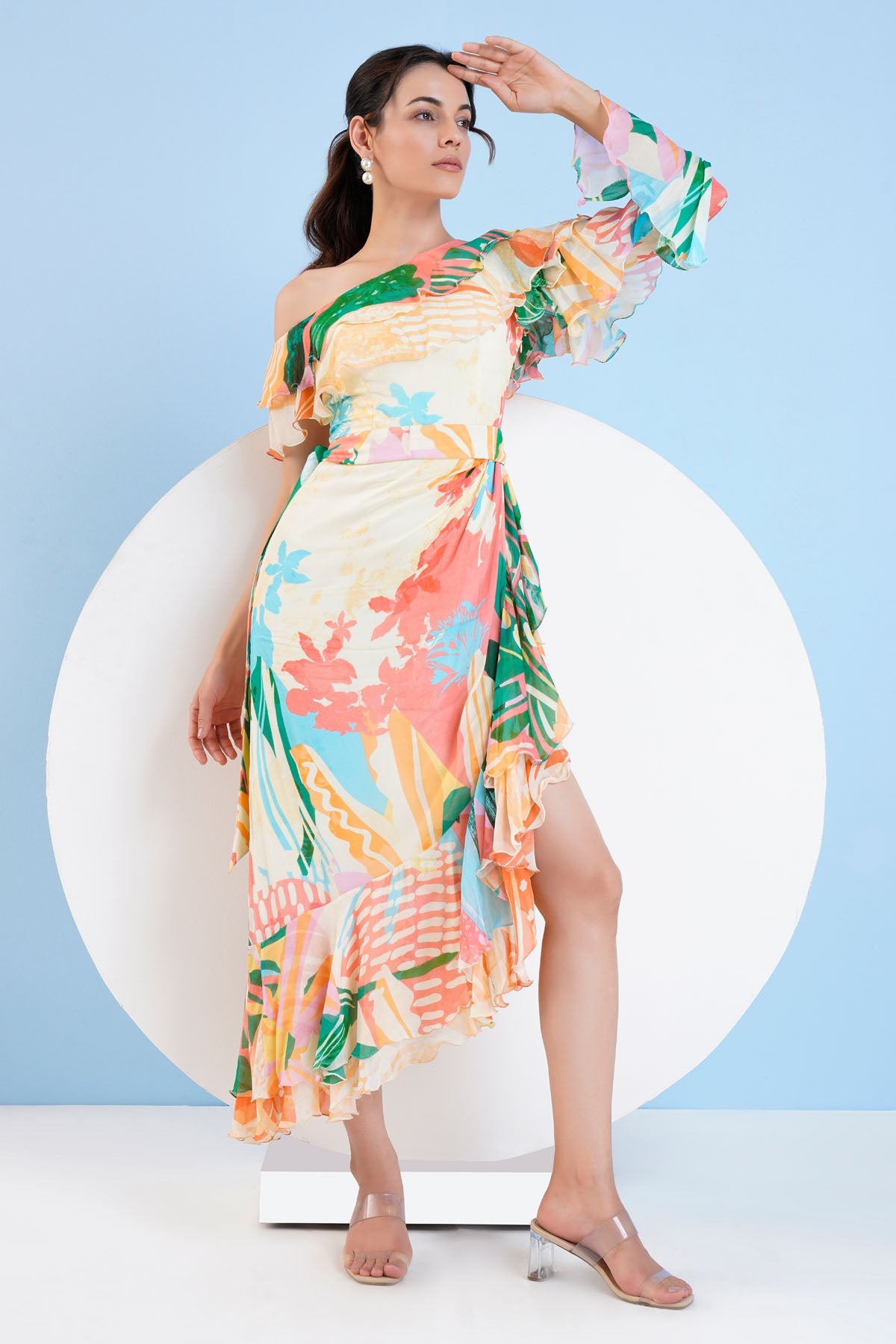 Buy One Shoulder Printed Frill Dress by Mandira Wirk